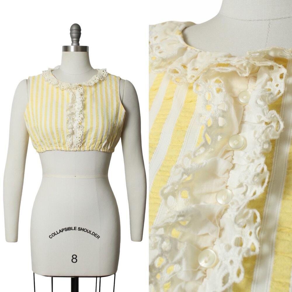Vintage 1960s Crop Top 60s Yellow Striped Seersucker Cotton Retro Lace Shirt